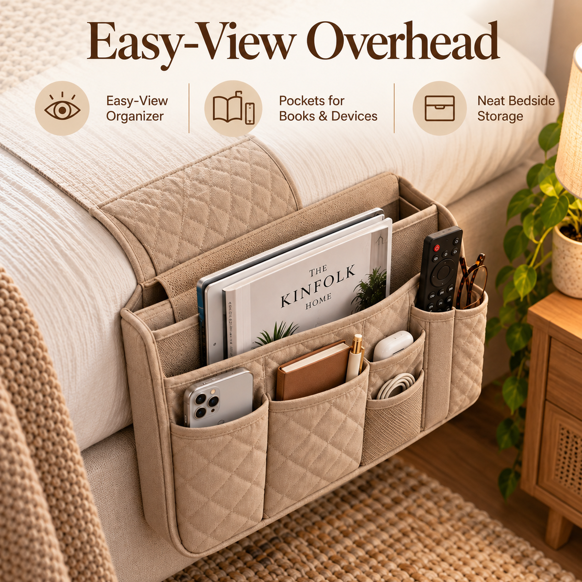 🛌✨ SWELIP Quilted Bedside Storage Caddy | Hanging Organizer for Phones, Books & Remotes | Convenient Bedside Pocket Storage | Space-Saving Design