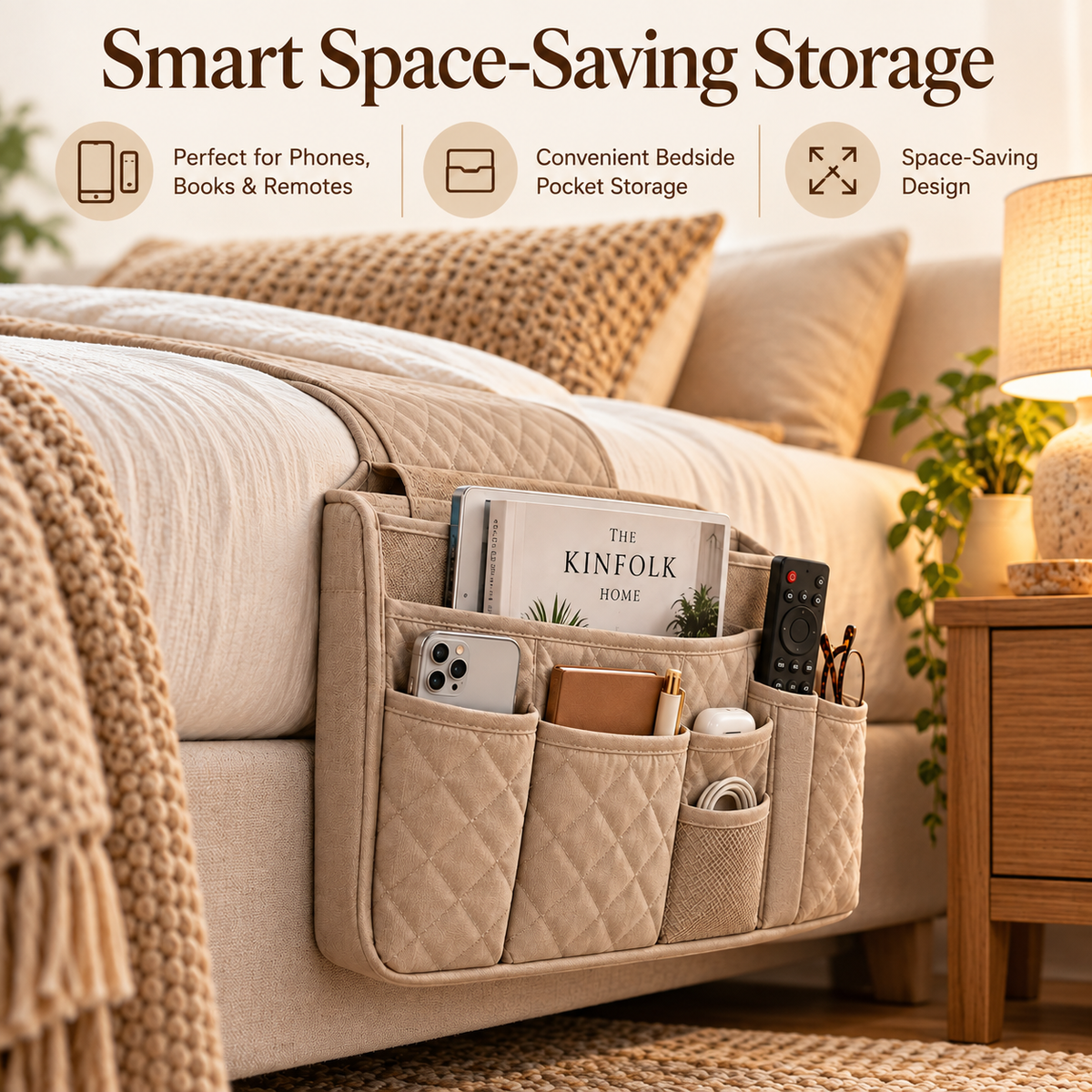 🛌✨ SWELIP Quilted Bedside Storage Caddy | Hanging Organizer for Phones, Books & Remotes | Convenient Bedside Pocket Storage | Space-Saving Design