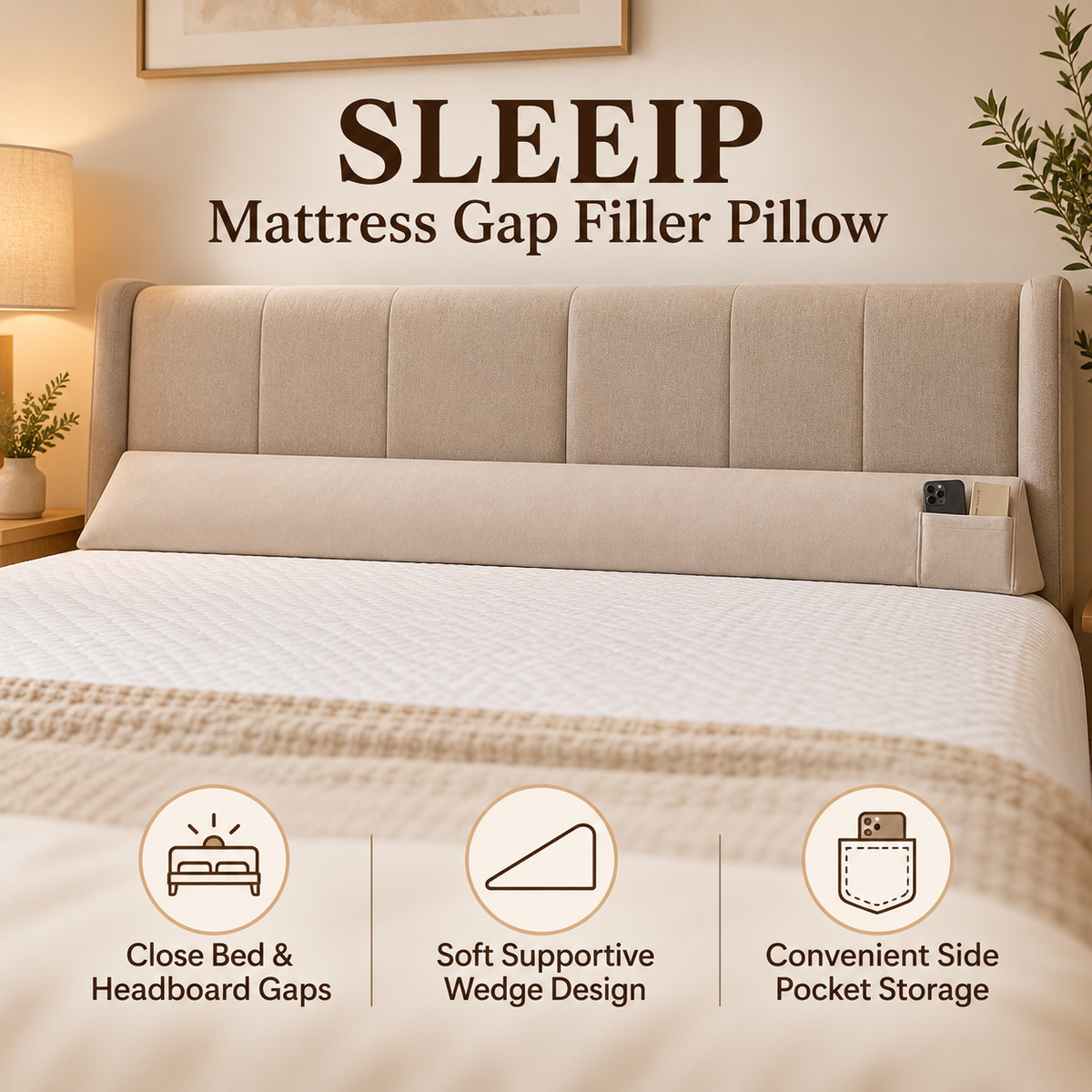 🛏️✨ SWELIP Mattress Gap Filler Pillow | Close Bed & Headboard Gaps | Soft Supportive Wedge Design | Convenient Side Pocket Storage
